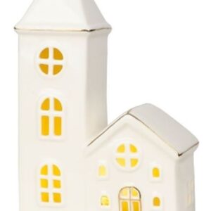 Domček s kostolom LED biely porcelán 11,2x5,5x17,4cm BauSHOP Stavebniny Široke Akcia 16751
